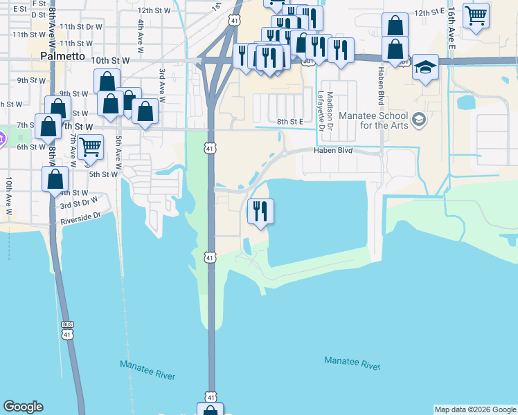 map of restaurants, bars, coffee shops, grocery stores, and more near 130 Riviera Dunes Way in Palmetto