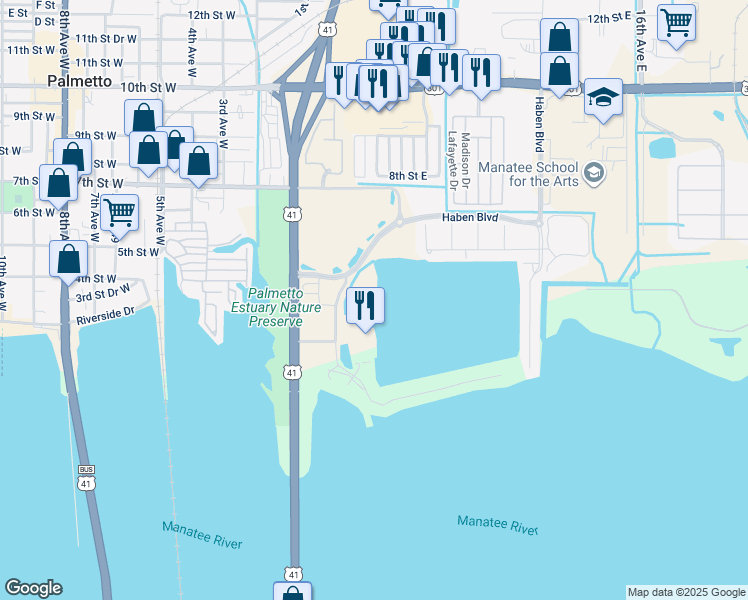 map of restaurants, bars, coffee shops, grocery stores, and more near 136 Riviera Dunes Way in Palmetto