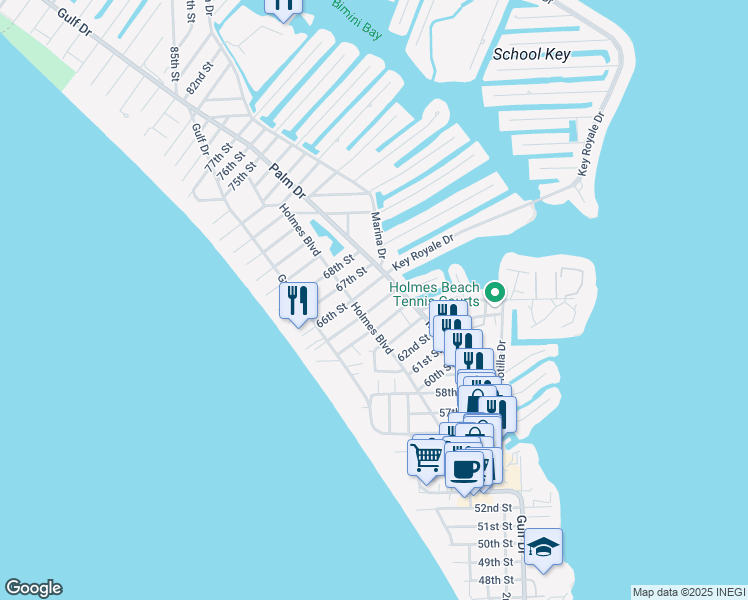 map of restaurants, bars, coffee shops, grocery stores, and more near 306 65th Street in Holmes Beach