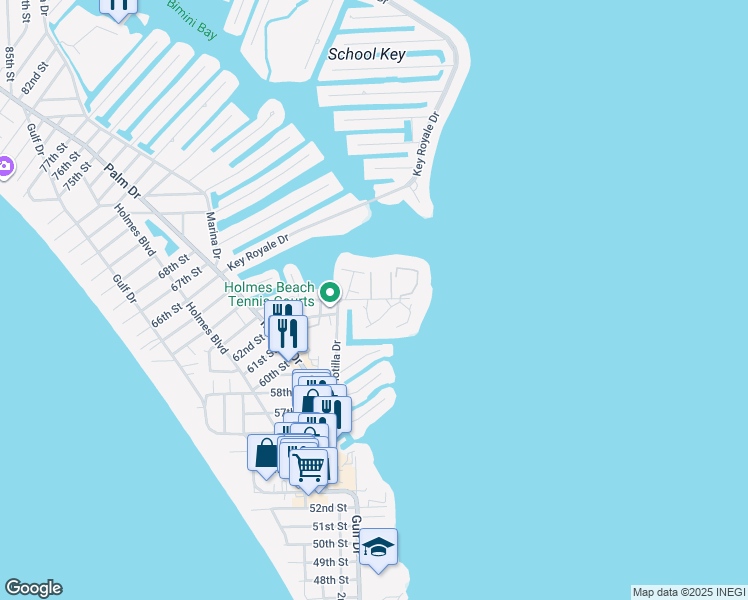 map of restaurants, bars, coffee shops, grocery stores, and more near 6500 Flotilla Drive in Holmes Beach