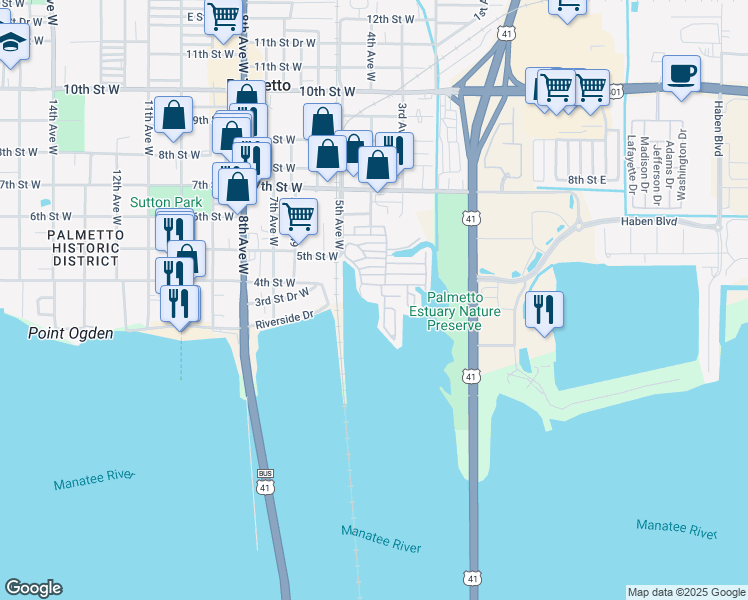 map of restaurants, bars, coffee shops, grocery stores, and more near 329 4th Street West in Palmetto