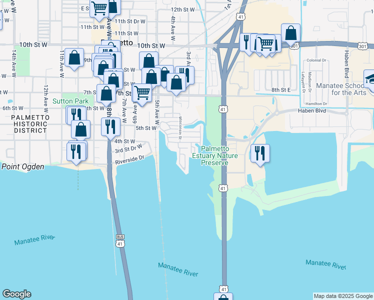 map of restaurants, bars, coffee shops, grocery stores, and more near 200 Tankey Drive in Palmetto