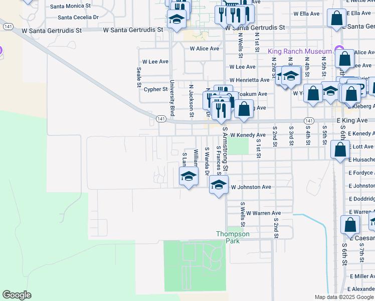 map of restaurants, bars, coffee shops, grocery stores, and more near 416 South Lantana Drive in Kingsville