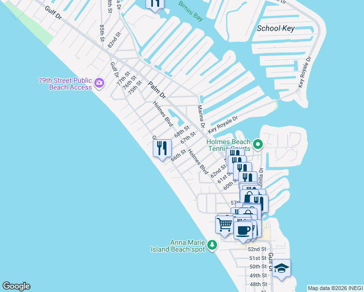 map of restaurants, bars, coffee shops, grocery stores, and more near 212 66th Street in Holmes Beach
