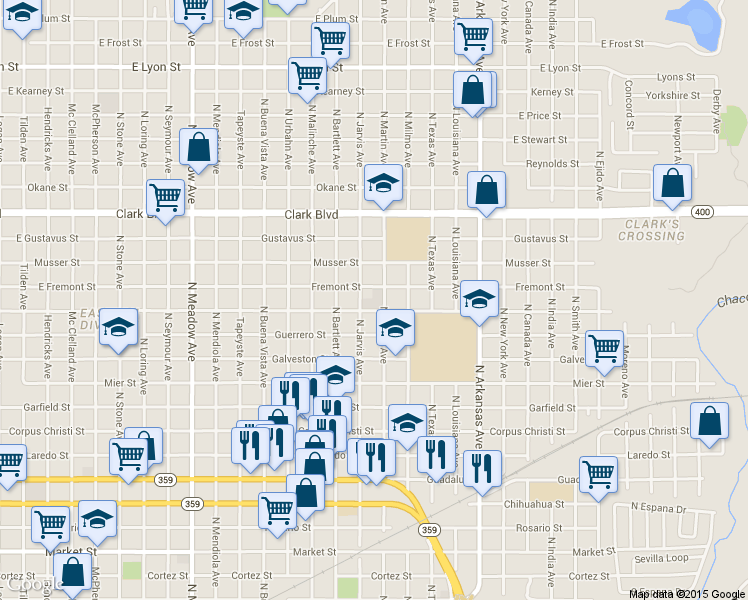 map of restaurants, bars, coffee shops, grocery stores, and more near 2320 Lane Street in Laredo