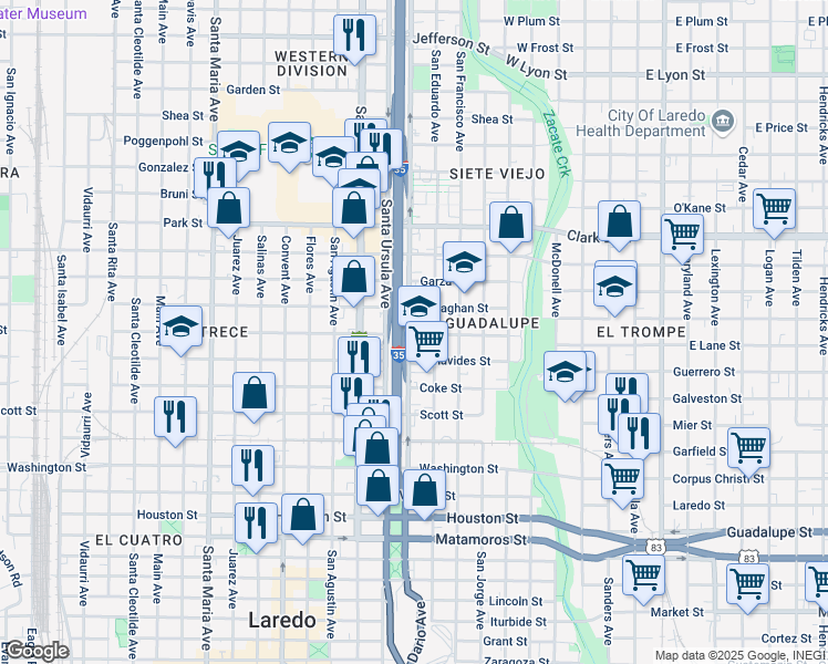 map of restaurants, bars, coffee shops, grocery stores, and more near 1501-1599 San Dario Ave in Laredo