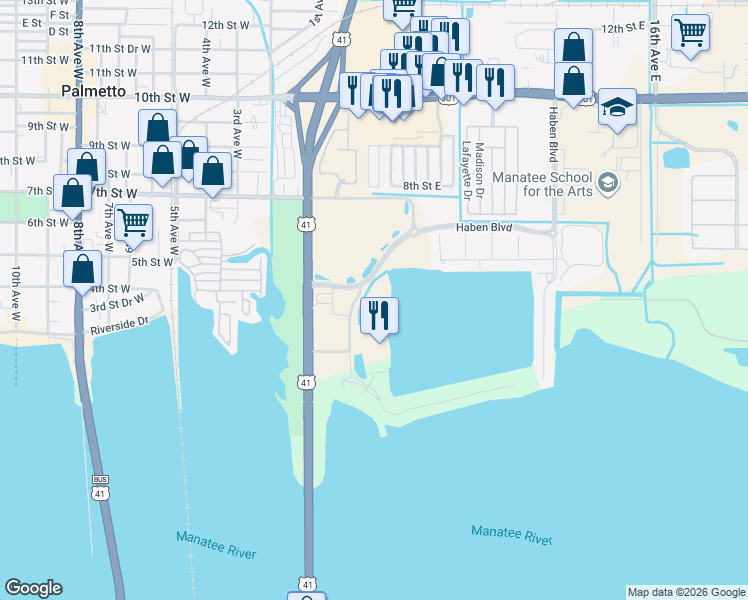 map of restaurants, bars, coffee shops, grocery stores, and more near 136 Riviera Dunes Way in Palmetto