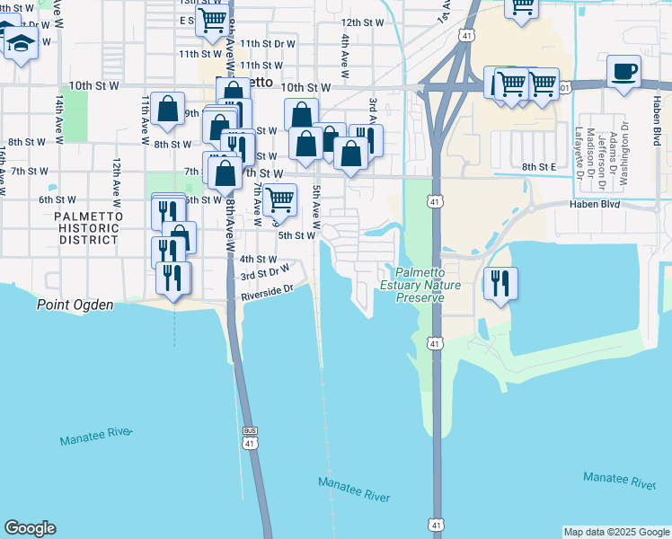 map of restaurants, bars, coffee shops, grocery stores, and more near 329 4th Street West in Palmetto