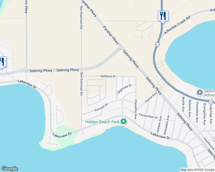 map of restaurants, bars, coffee shops, grocery stores, and more near 1364 Stone Ridge Circle in Sebring