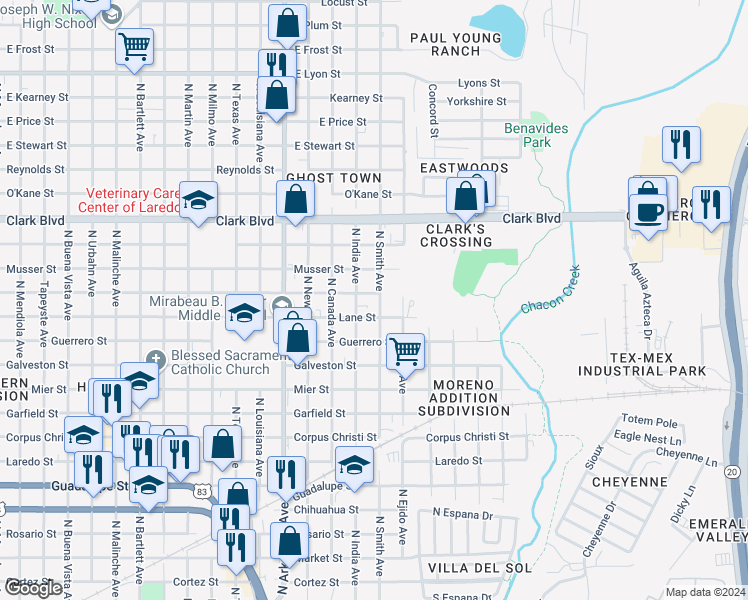 map of restaurants, bars, coffee shops, grocery stores, and more near 1918 North Smith Avenue in Laredo