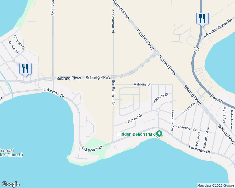 map of restaurants, bars, coffee shops, grocery stores, and more near 1201 Stone Ridge Circle in Sebring