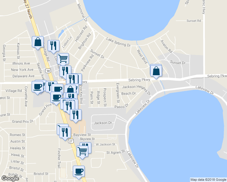 map of restaurants, bars, coffee shops, grocery stores, and more near 1810 Homestead Street in Sebring