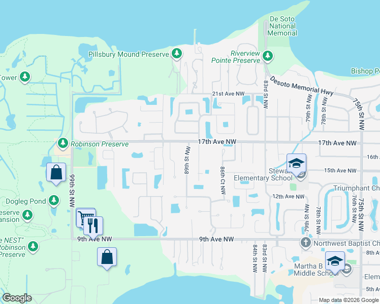 map of restaurants, bars, coffee shops, grocery stores, and more near 1504 89th Street Northwest in Bradenton