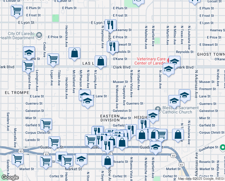 map of restaurants, bars, coffee shops, grocery stores, and more near 1601 Lane Street in Laredo