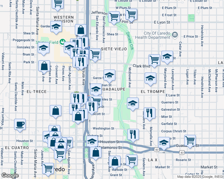 map of restaurants, bars, coffee shops, grocery stores, and more near 1513 San Jorge Avenue in Laredo
