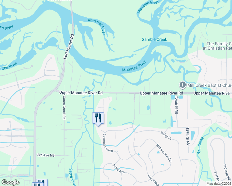 map of restaurants, bars, coffee shops, grocery stores, and more near 11920 Upper Manatee River Road in Bradenton