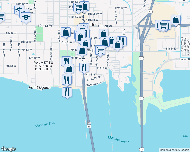map of restaurants, bars, coffee shops, grocery stores, and more near 601 4th Street West in Palmetto