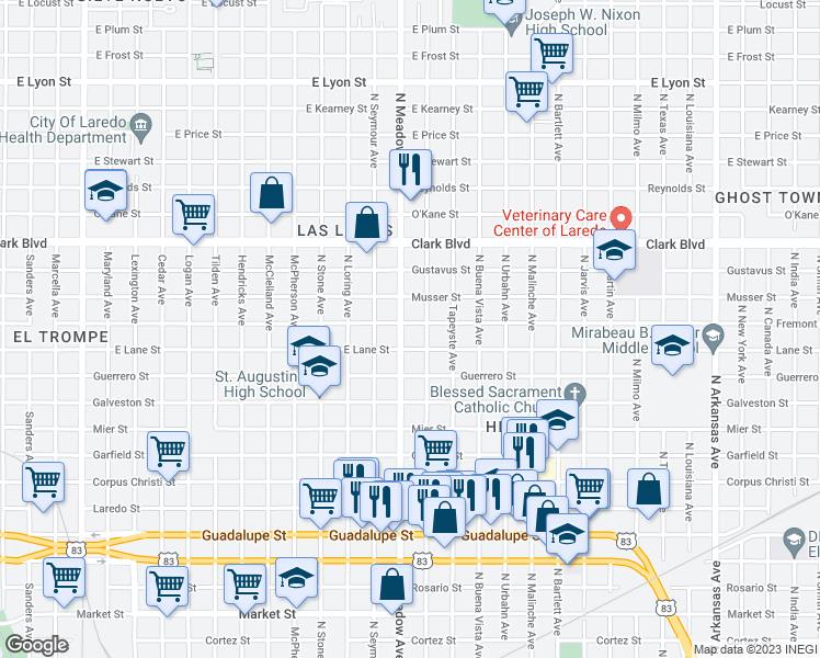 map of restaurants, bars, coffee shops, grocery stores, and more near 1601 Fremont Street in Laredo