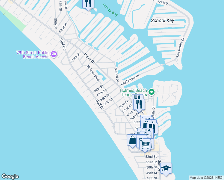 map of restaurants, bars, coffee shops, grocery stores, and more near 306 65th Street in Holmes Beach