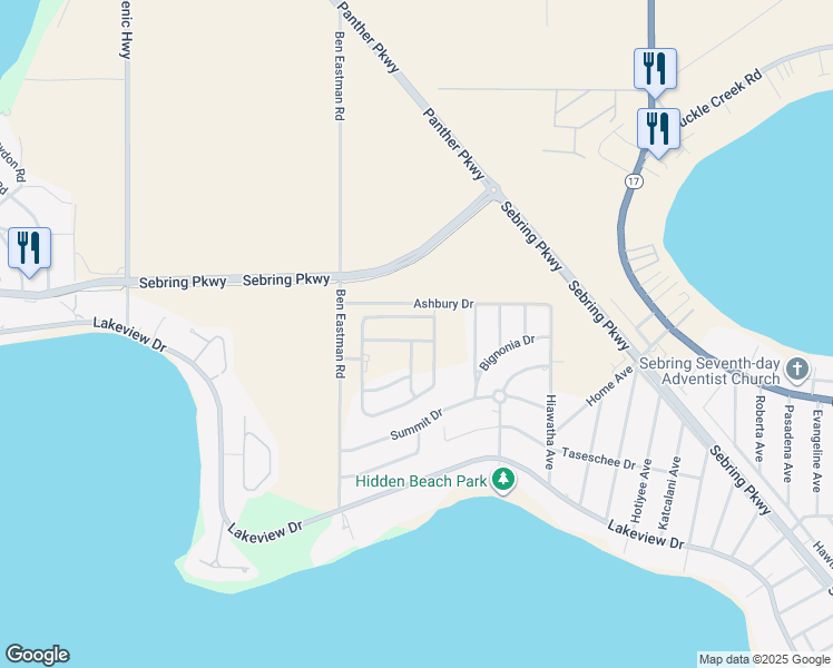 map of restaurants, bars, coffee shops, grocery stores, and more near 1313 Stone Ridge Circle in Sebring