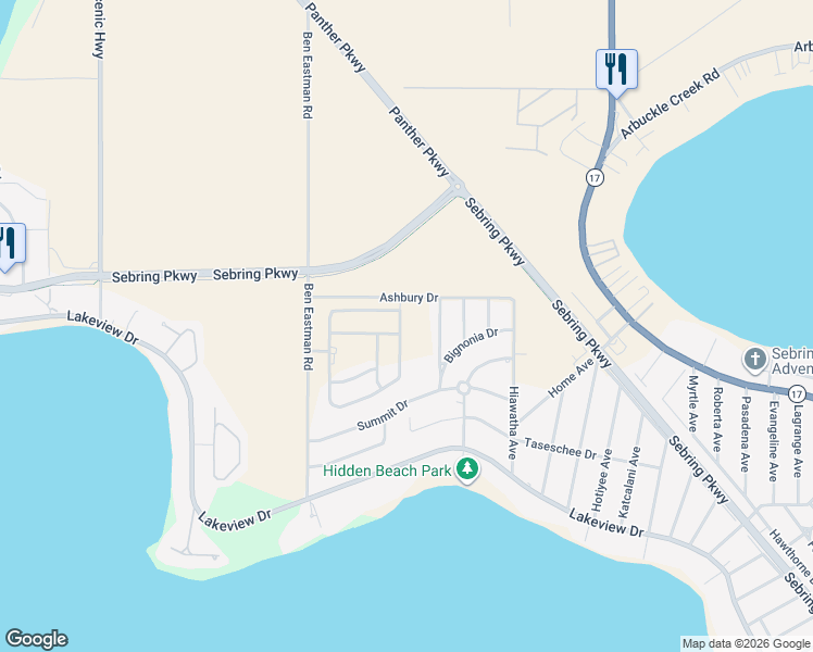 map of restaurants, bars, coffee shops, grocery stores, and more near 1313 Stone Ridge Circle in Sebring