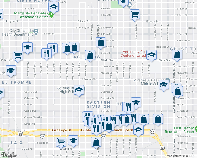 map of restaurants, bars, coffee shops, grocery stores, and more near 1220 Fremont Street in Laredo