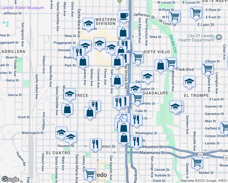 map of restaurants, bars, coffee shops, grocery stores, and more near 1701-1709 San Agustin Ave in Laredo