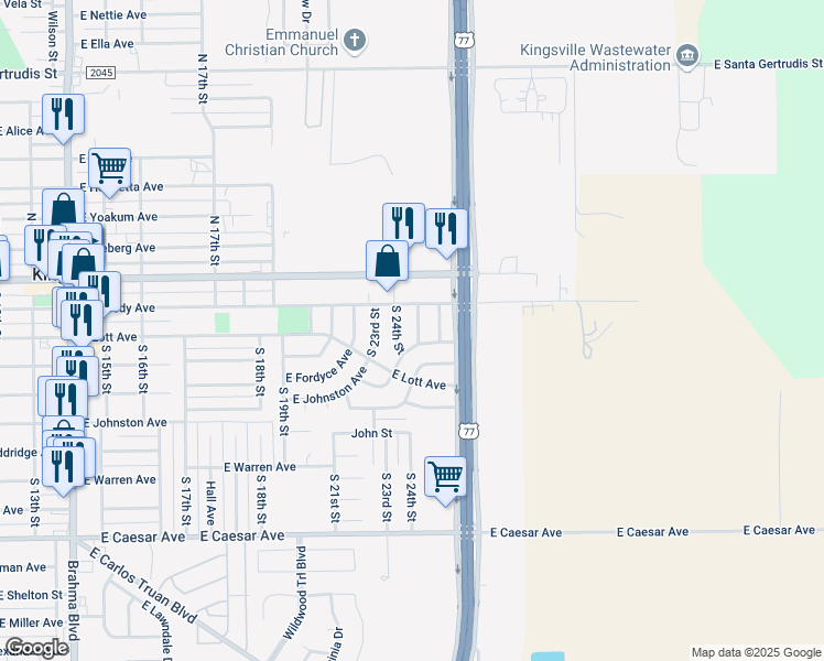 map of restaurants, bars, coffee shops, grocery stores, and more near 307 South 24th Street in Kingsville