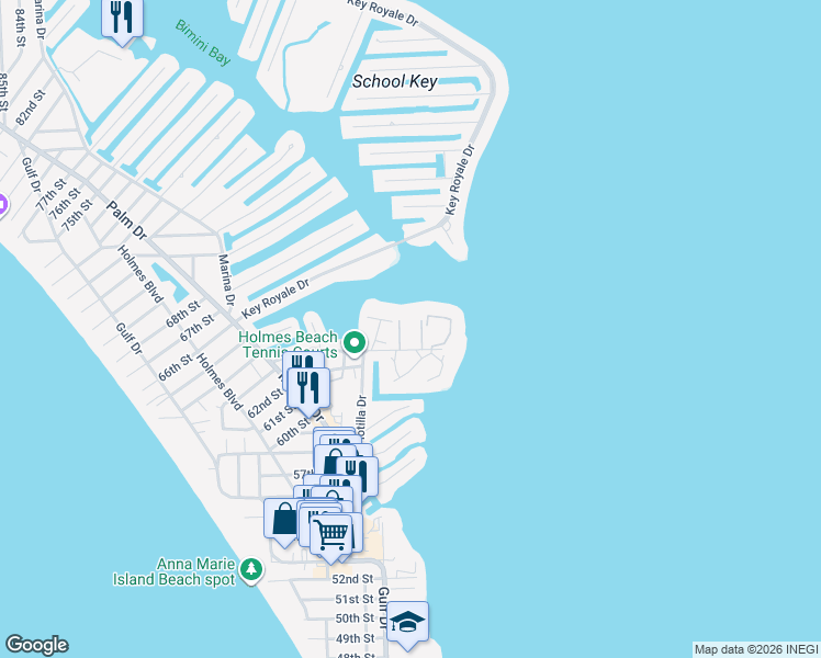 map of restaurants, bars, coffee shops, grocery stores, and more near 6300 Flotilla Drive in Holmes Beach