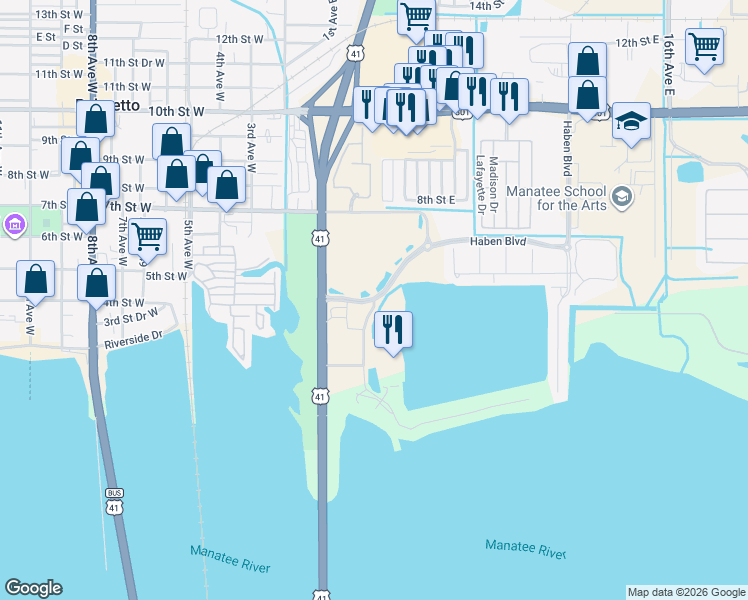 map of restaurants, bars, coffee shops, grocery stores, and more near 136 Haben Boulevard in Palmetto