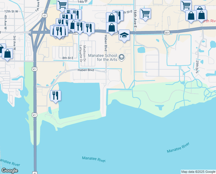 map of restaurants, bars, coffee shops, grocery stores, and more near 1207 3rd Street Drive East in Palmetto