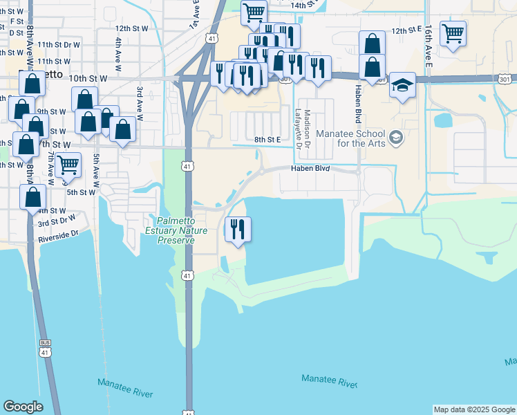 map of restaurants, bars, coffee shops, grocery stores, and more near 222 Riviera Dunes Way in Palmetto