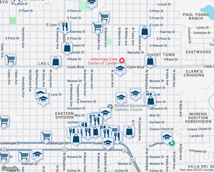 map of restaurants, bars, coffee shops, grocery stores, and more near 2202 Fremont Street in Laredo