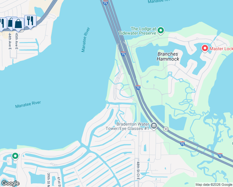 map of restaurants, bars, coffee shops, grocery stores, and more near 905 Tidewater Shores Loop in Bradenton