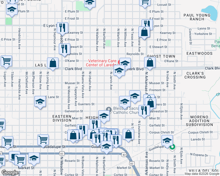 map of restaurants, bars, coffee shops, grocery stores, and more near 2205 Musser Street in Laredo