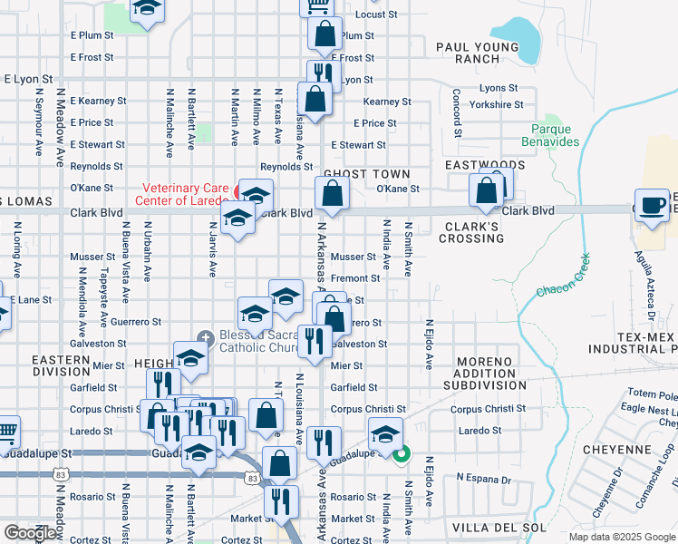 map of restaurants, bars, coffee shops, grocery stores, and more near 2911 Musser St in Laredo