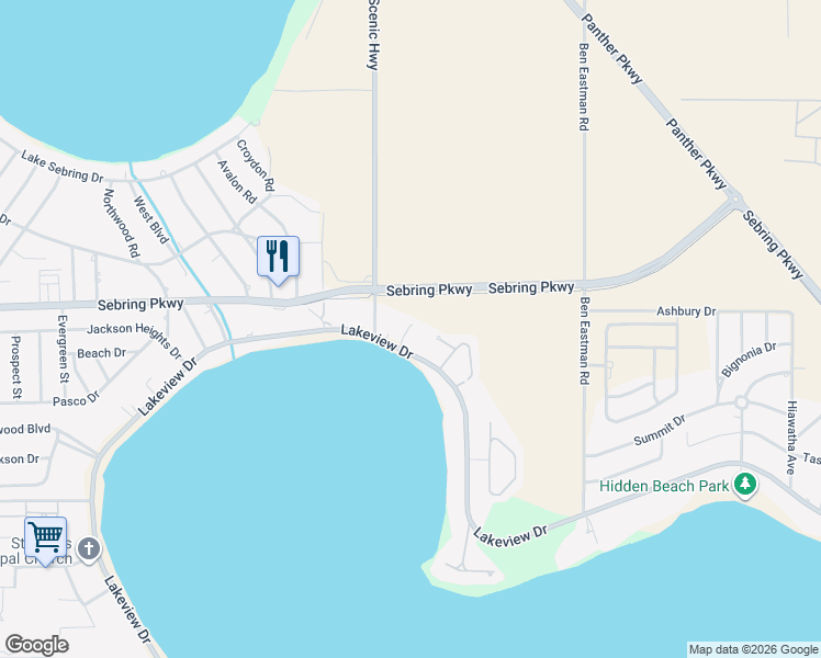 map of restaurants, bars, coffee shops, grocery stores, and more near 3276 Lakeview Drive in Sebring