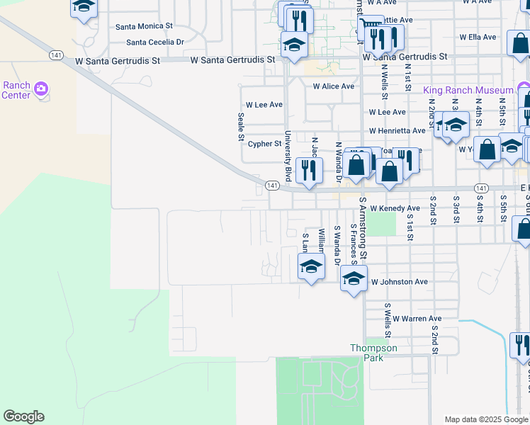 map of restaurants, bars, coffee shops, grocery stores, and more near 1227 West Kenedy Avenue in Kingsville