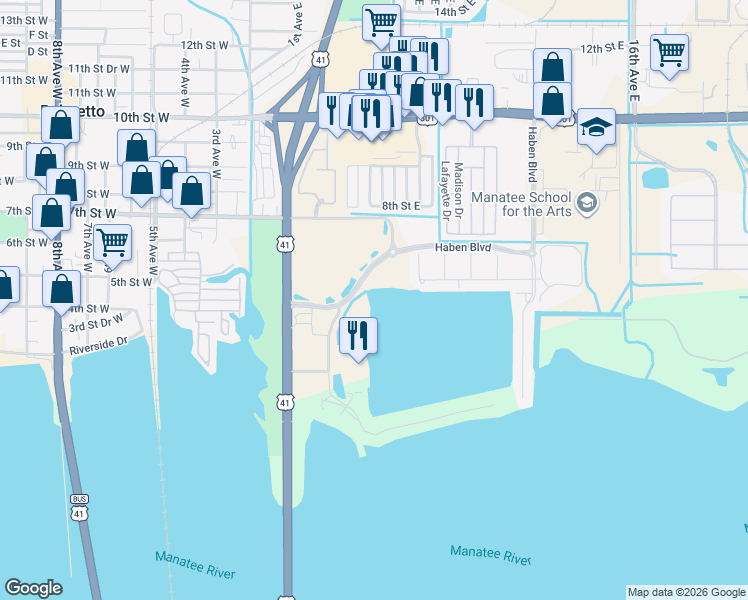 map of restaurants, bars, coffee shops, grocery stores, and more near 136-222 Haben Boulevard in Palmetto