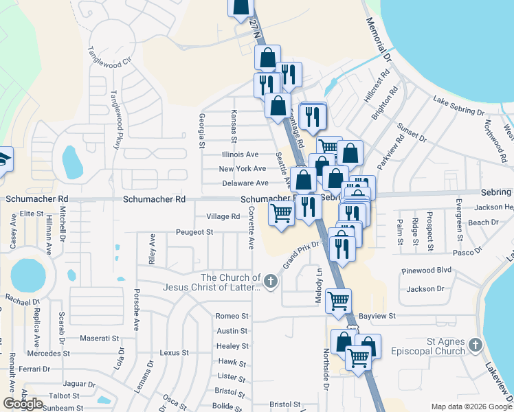 map of restaurants, bars, coffee shops, grocery stores, and more near Schumacher Rd in Sebring