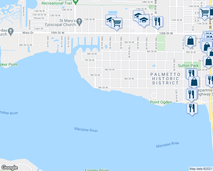 map of restaurants, bars, coffee shops, grocery stores, and more near 1908 4th Street West in Palmetto