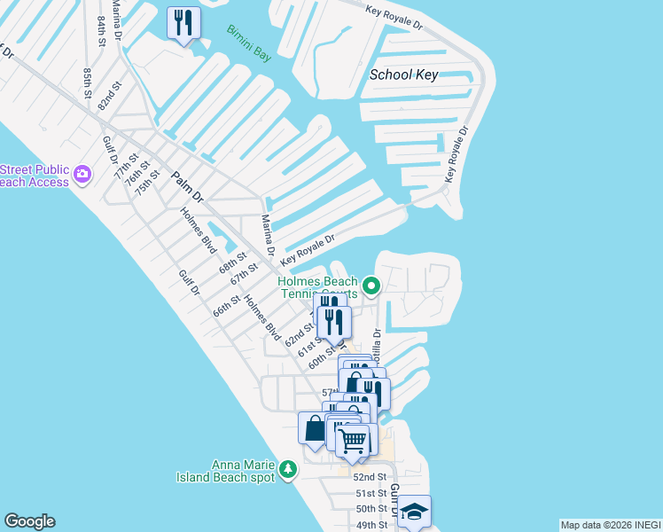 map of restaurants, bars, coffee shops, grocery stores, and more near 32 Seaside Court in Holmes Beach