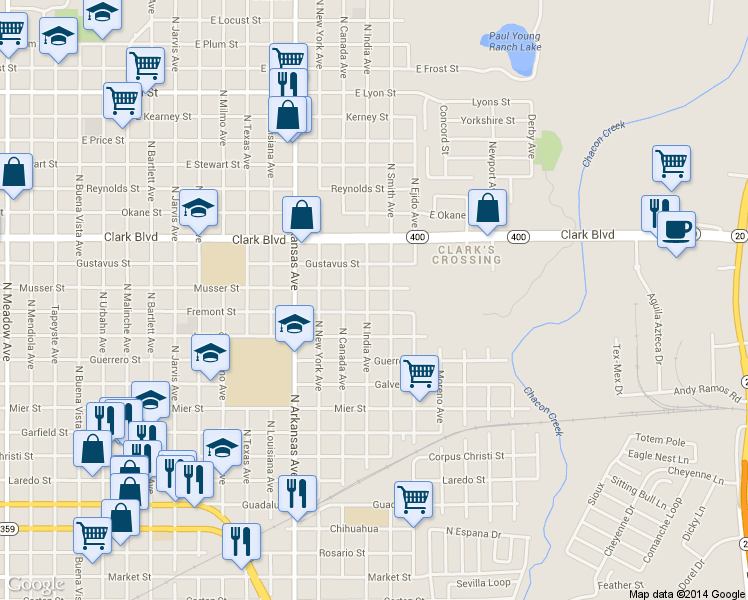 map of restaurants, bars, coffee shops, grocery stores, and more near 2015 North India Avenue in Laredo