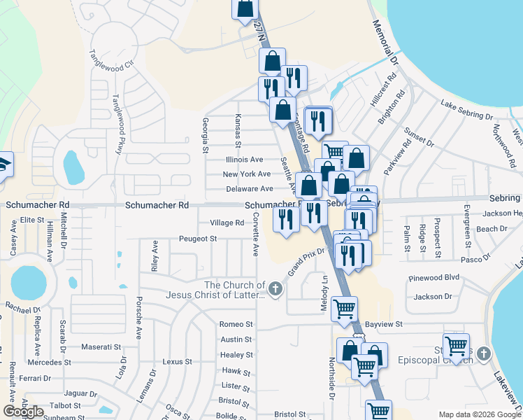 map of restaurants, bars, coffee shops, grocery stores, and more near Schumacher Rd in Sebring