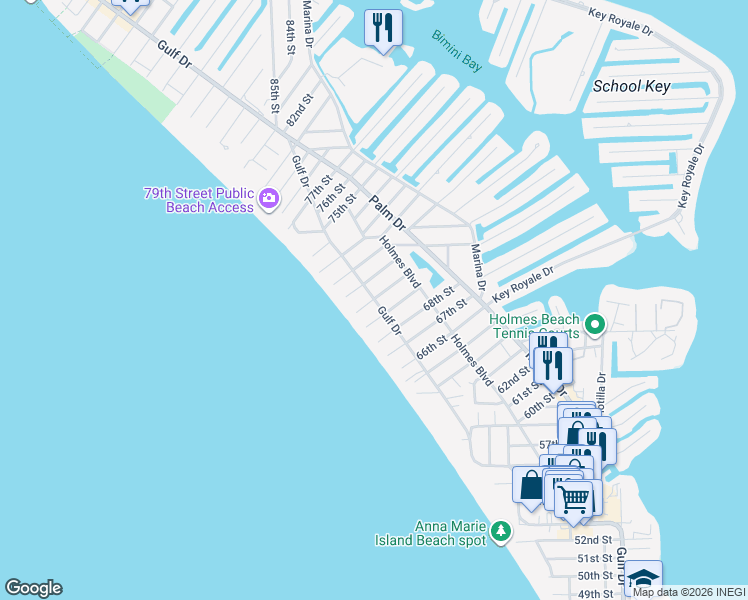 map of restaurants, bars, coffee shops, grocery stores, and more near 202 70th Street in Holmes Beach