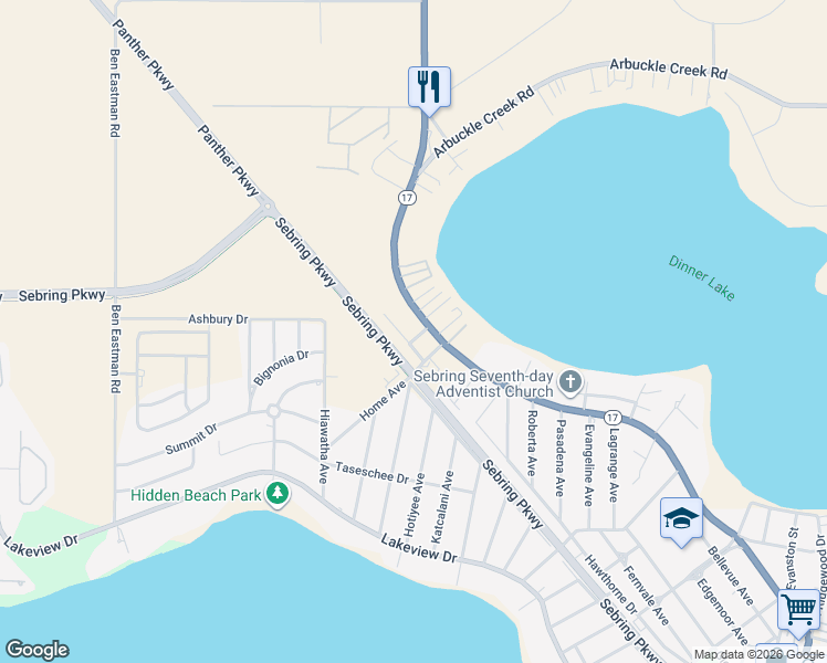 map of restaurants, bars, coffee shops, grocery stores, and more near 2304 Sage Crest Drive in Sebring