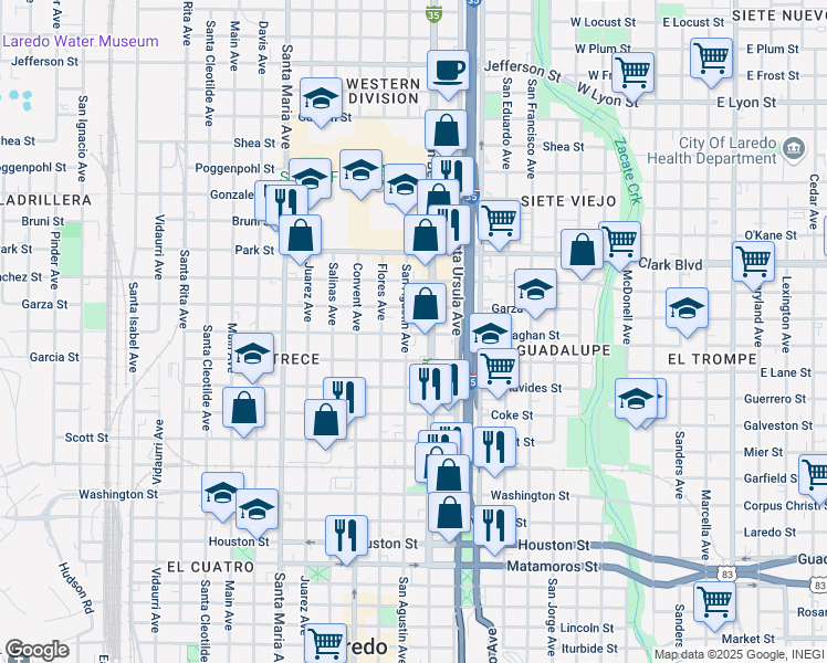 map of restaurants, bars, coffee shops, grocery stores, and more near 1701 San Agustin Avenue in Laredo