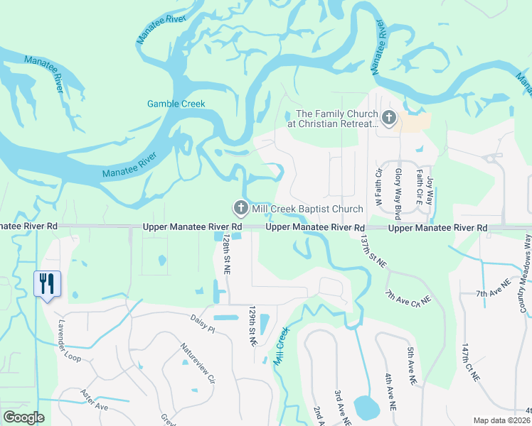 map of restaurants, bars, coffee shops, grocery stores, and more near 12821 Upper Manatee River Road in Bradenton