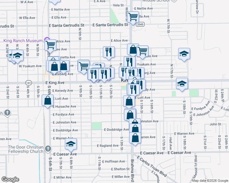 map of restaurants, bars, coffee shops, grocery stores, and more near 809 East Kenedy Avenue in Kingsville