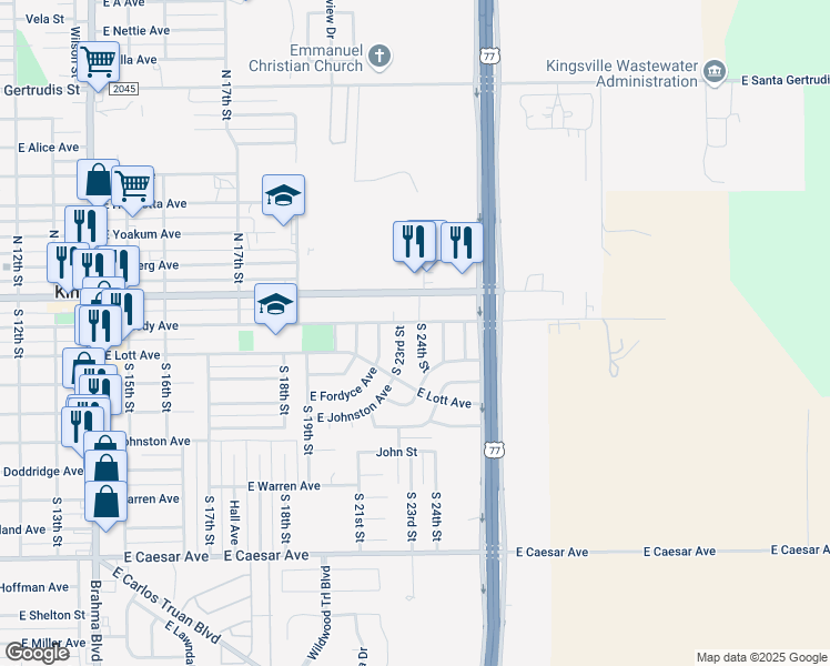 map of restaurants, bars, coffee shops, grocery stores, and more near 307 South 24th Street in Kingsville